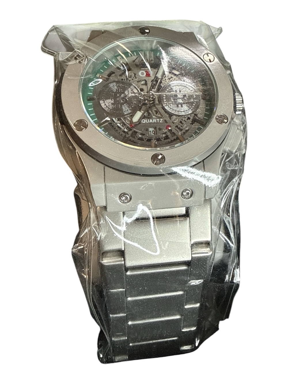Silver Men’s Quartz Skeleton Dial Watch